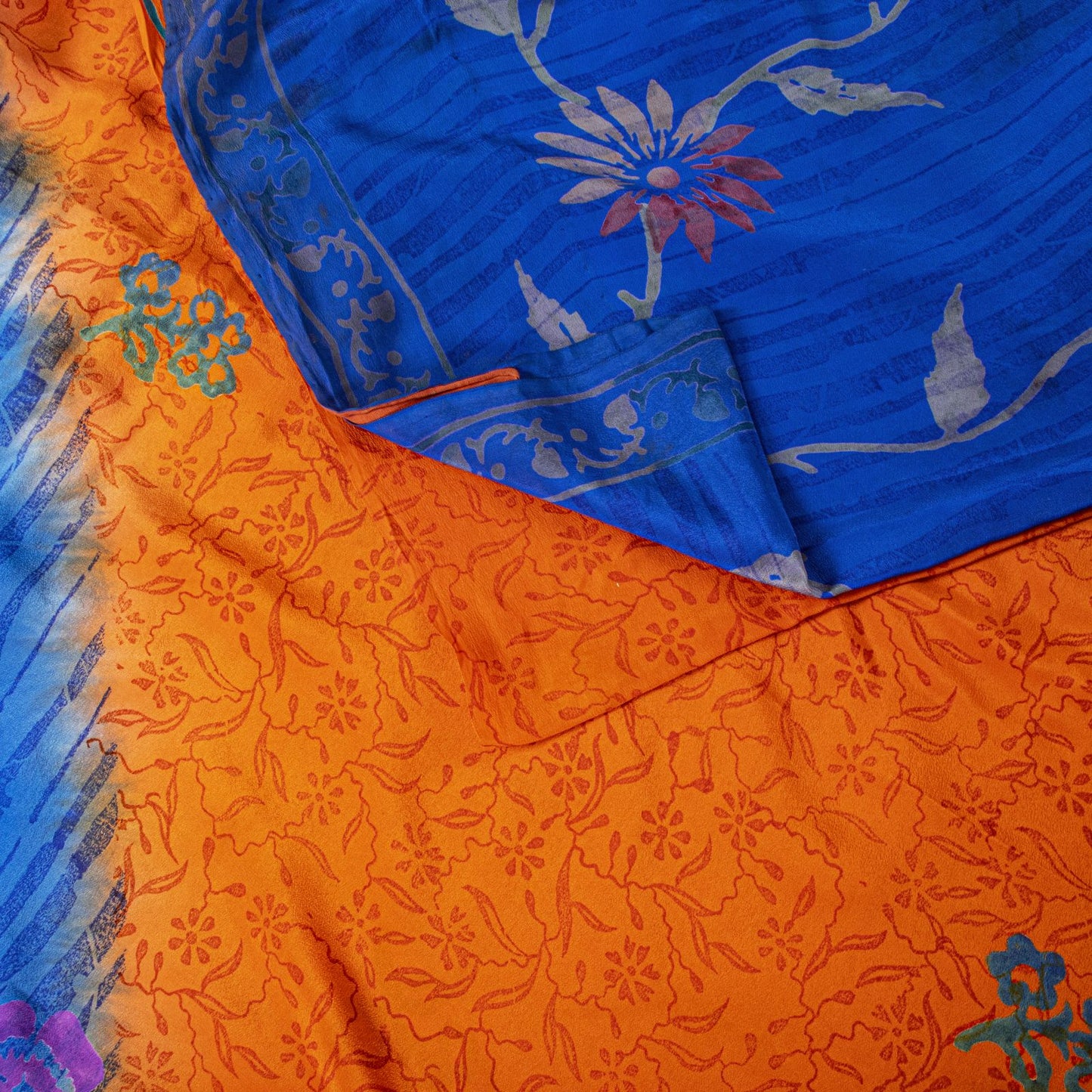 Sanskriti Vintage Saree Orange-Blue Pure Crepe Floral Printed Sari 5.5+Yd Fabric