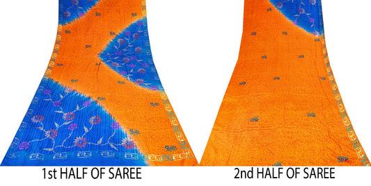 Sanskriti Vintage Saree Orange-Blue Pure Crepe Floral Printed Sari 5.5+Yd Fabric