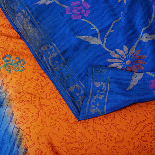 Sanskriti Vintage Saree Orange-Blue Pure Crepe Floral Printed Sari 5.5+Yd Fabric