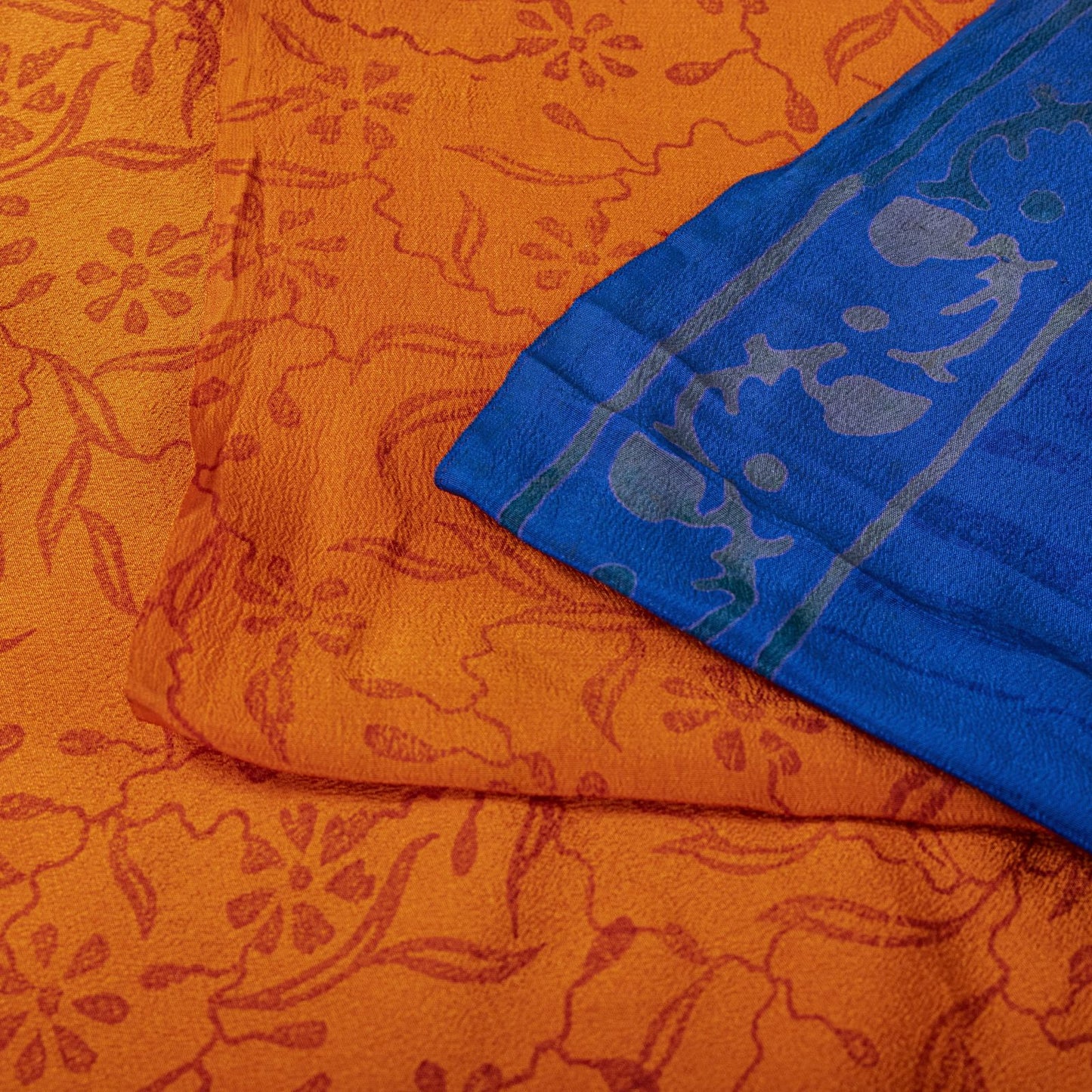 Sanskriti Vintage Saree Orange-Blue Pure Crepe Floral Printed Sari 5.5+Yd Fabric