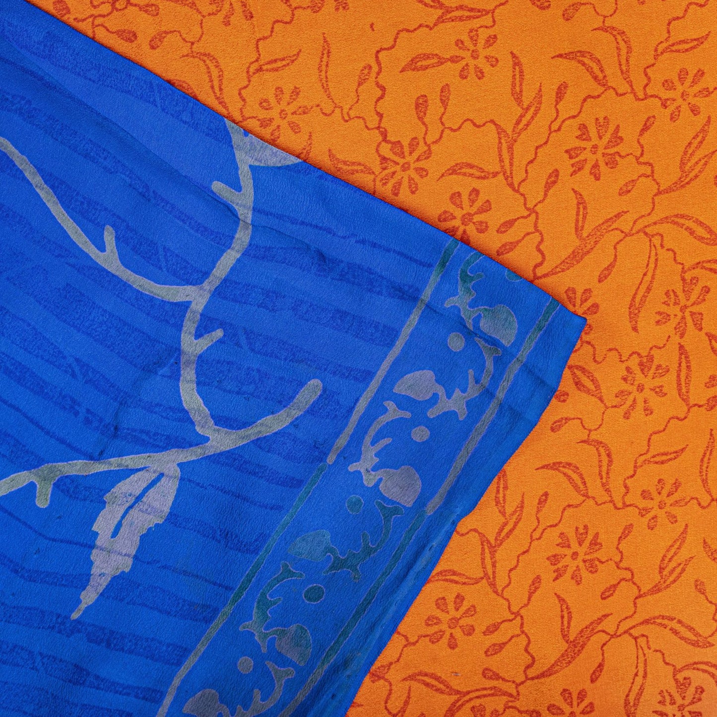 Sanskriti Vintage Saree Orange-Blue Pure Crepe Floral Printed Sari 5.5+Yd Fabric