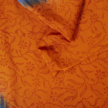 Sanskriti Vintage Saree Orange-Blue Pure Crepe Floral Printed Sari 5.5+Yd Fabric