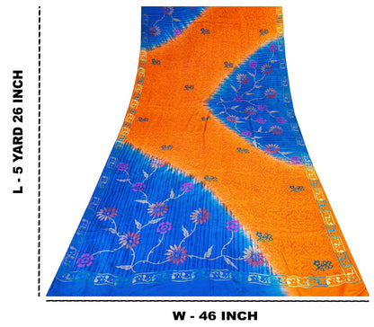 Sanskriti Vintage Saree Orange-Blue Pure Crepe Floral Printed Sari 5.5+Yd Fabric