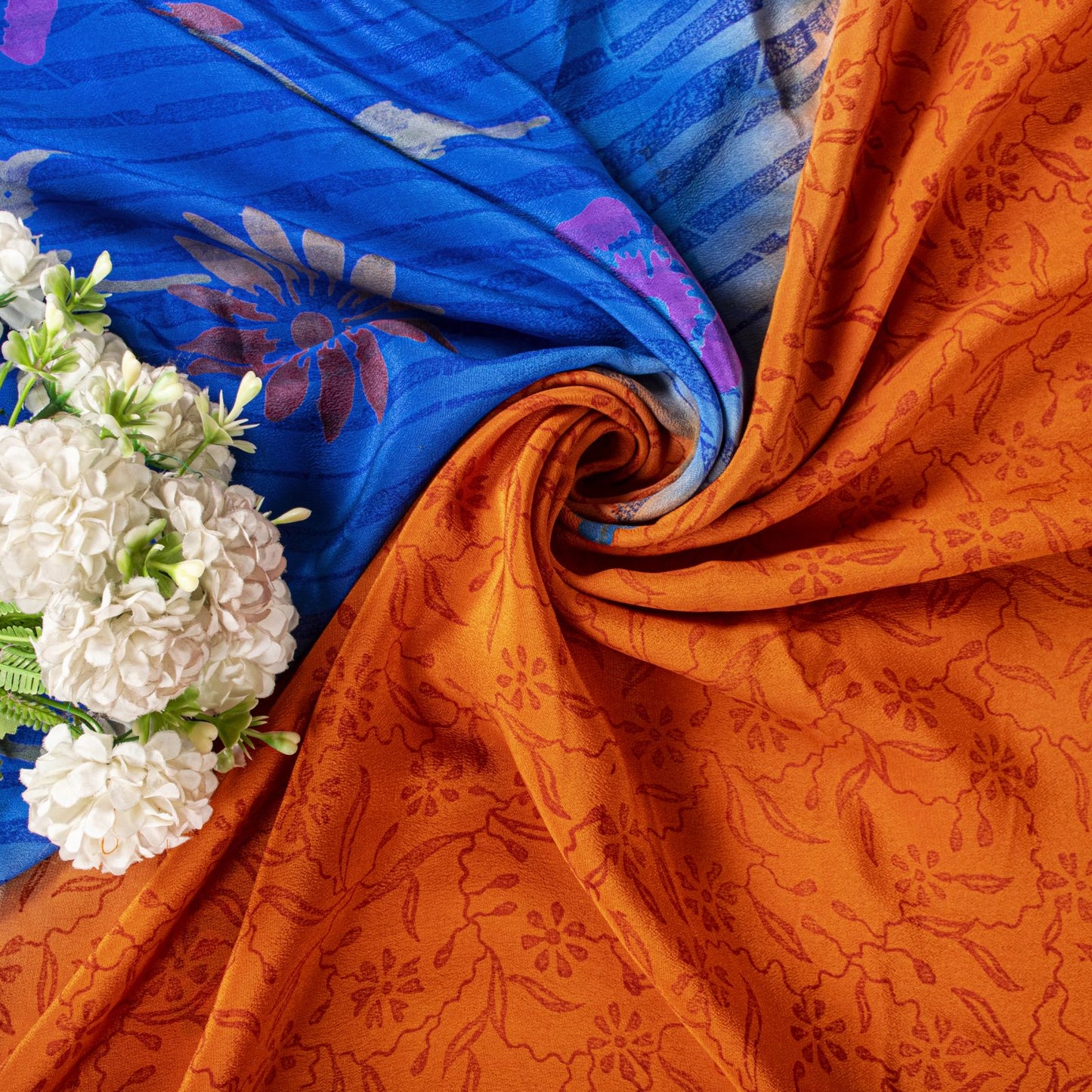 Sanskriti Vintage Saree Orange-Blue Pure Crepe Floral Printed Sari 5.5+Yd Fabric