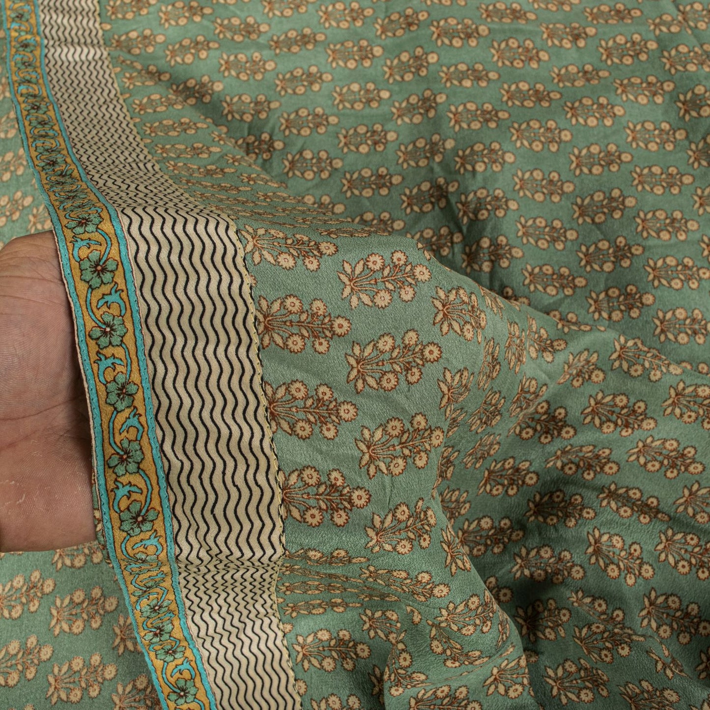 Sanskriti Vintage Green Saree Pure Crepe Floral Printed Sari 5.5+Yd Craft Fabric