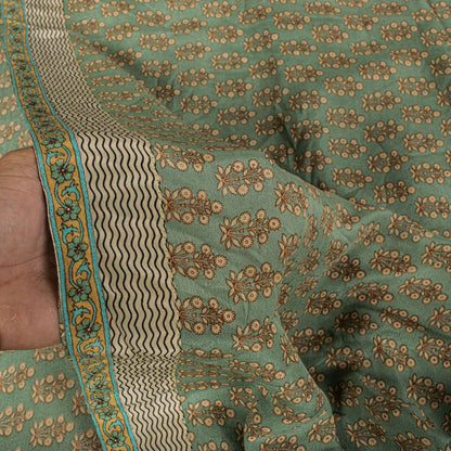 Sanskriti Vintage Green Saree Pure Crepe Floral Printed Sari 5.5+Yd Craft Fabric