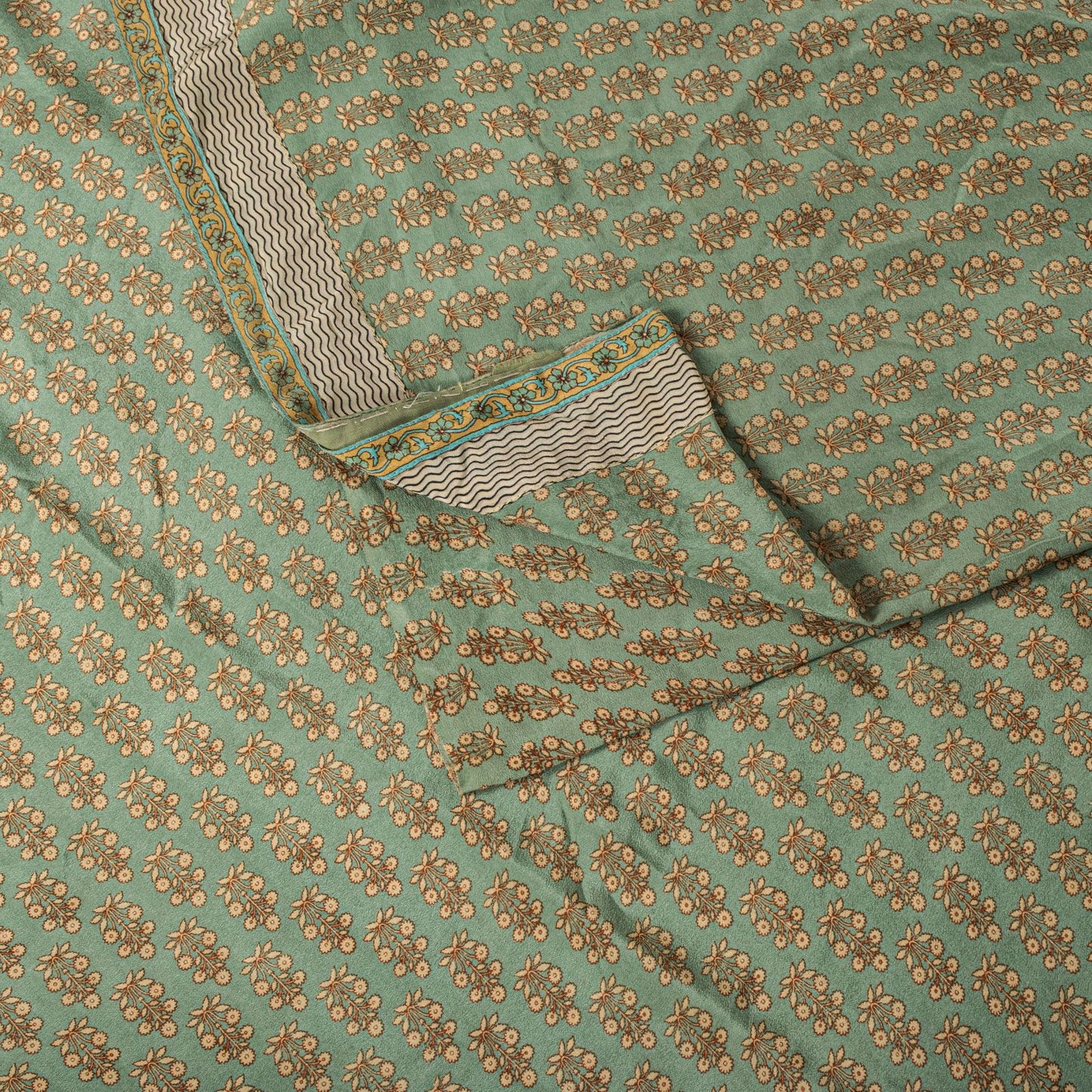 Sanskriti Vintage Green Saree Pure Crepe Floral Printed Sari 5.5+Yd Craft Fabric