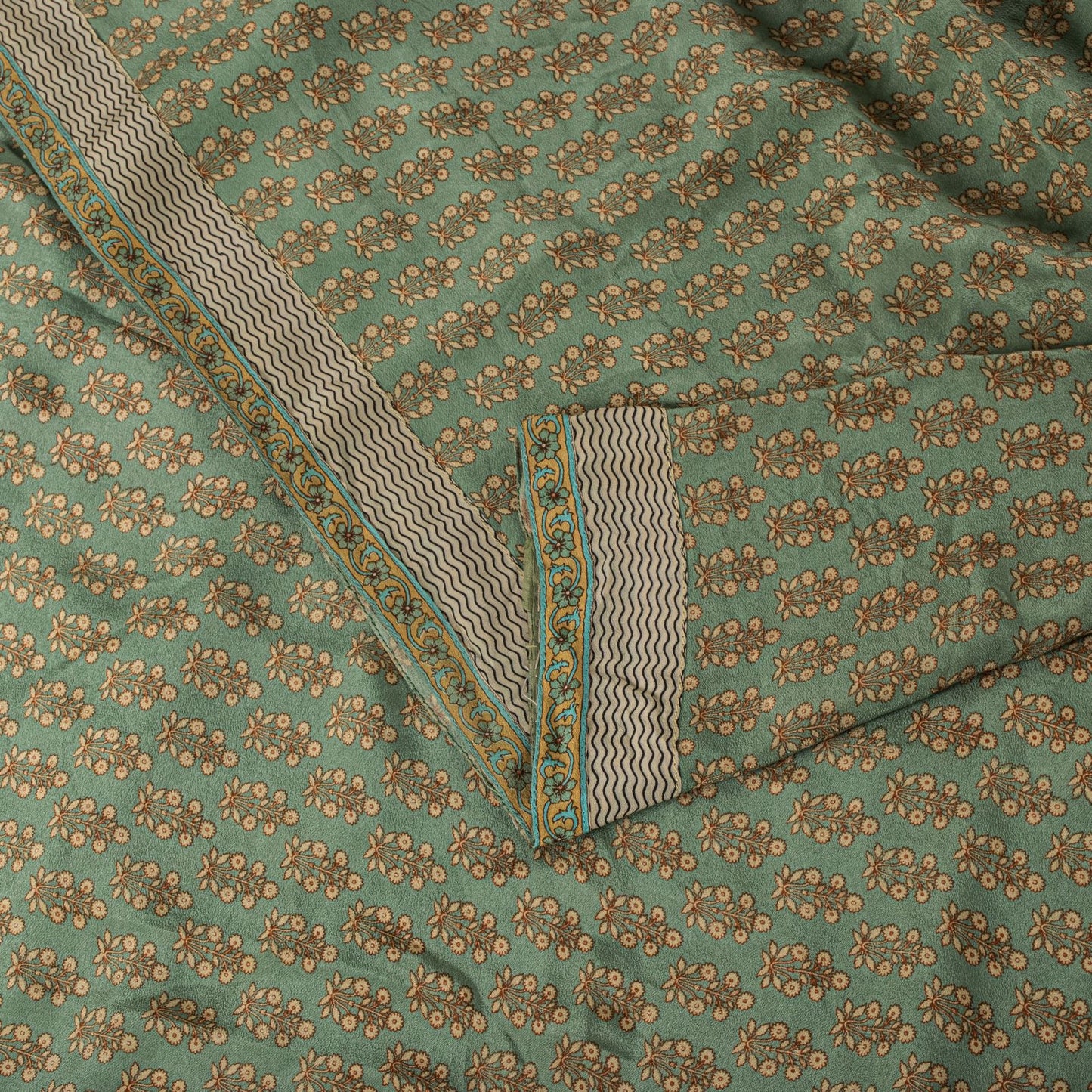 Sanskriti Vintage Green Saree Pure Crepe Floral Printed Sari 5.5+Yd Craft Fabric