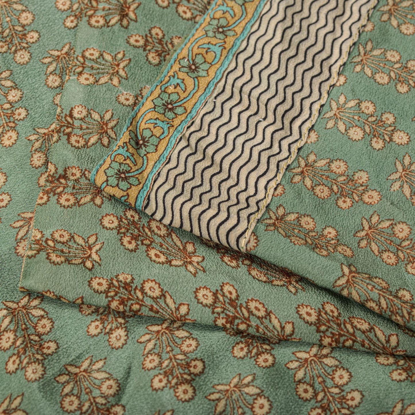 Sanskriti Vintage Green Saree Pure Crepe Floral Printed Sari 5.5+Yd Craft Fabric