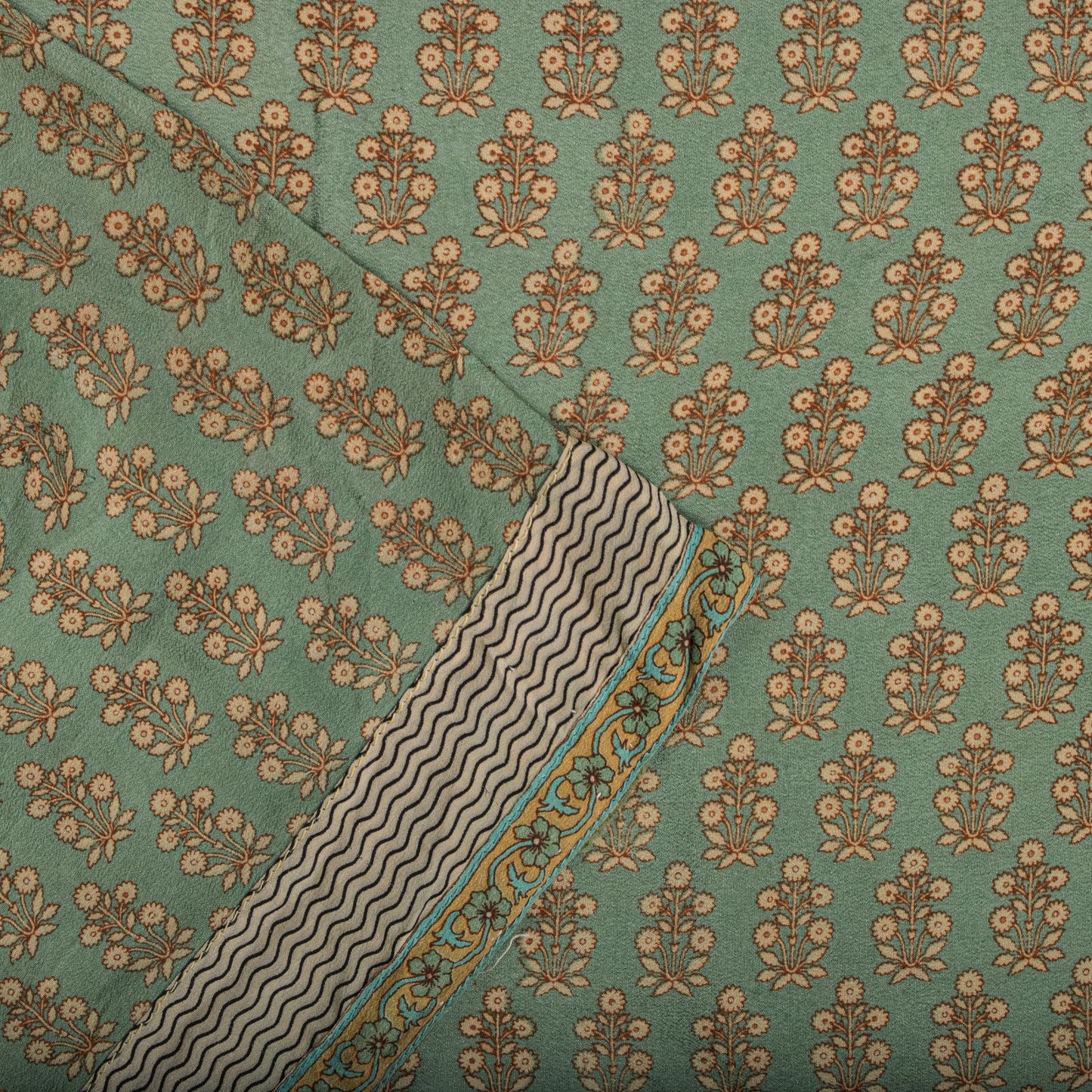 Sanskriti Vintage Green Saree Pure Crepe Floral Printed Sari 5.5+Yd Craft Fabric