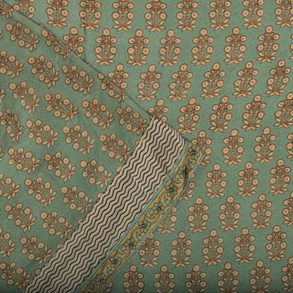 Sanskriti Vintage Green Saree Pure Crepe Floral Printed Sari 5.5+Yd Craft Fabric