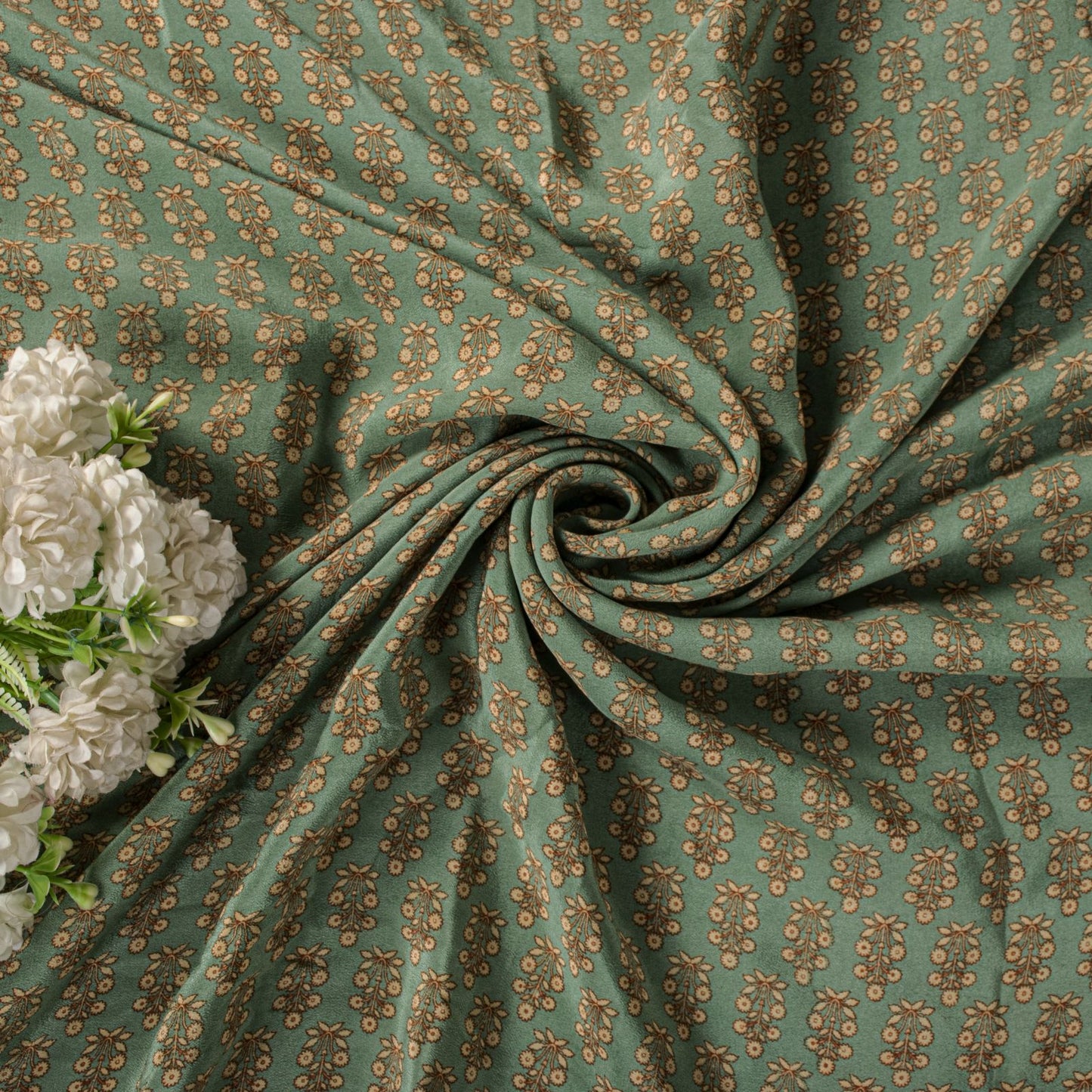 Sanskriti Vintage Green Saree Pure Crepe Floral Printed Sari 5.5+Yd Craft Fabric