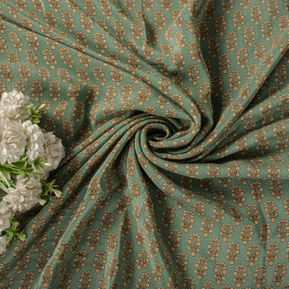 Sanskriti Vintage Green Saree Pure Crepe Floral Printed Sari 5.5+Yd Craft Fabric