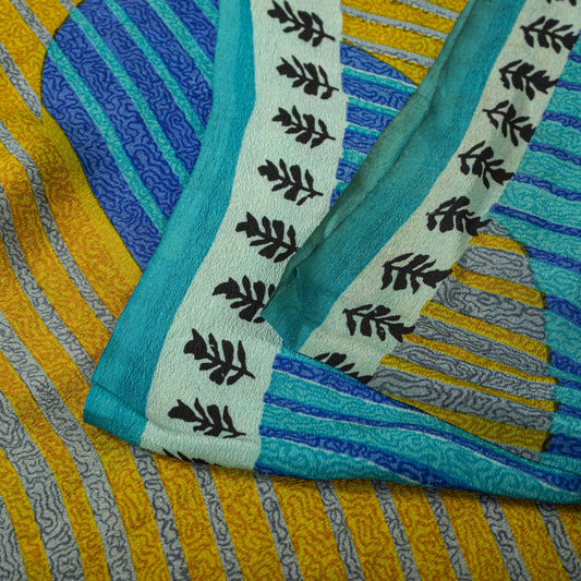 Vintage Saree Blue 100% Pure Crepe Silk Abstract Wave Printed Sari 5.5+Yd Craft Sewing Fabric Decor