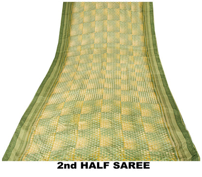 Sanskriti Vintage Saree Green Pure Crepe Geometric Printed Sari 5.5+Yard Fabric