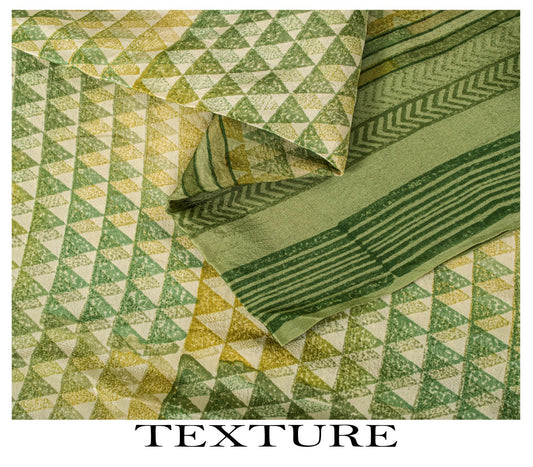 Sanskriti Vintage Saree Green Pure Crepe Geometric Printed Sari 5.5+Yard Fabric