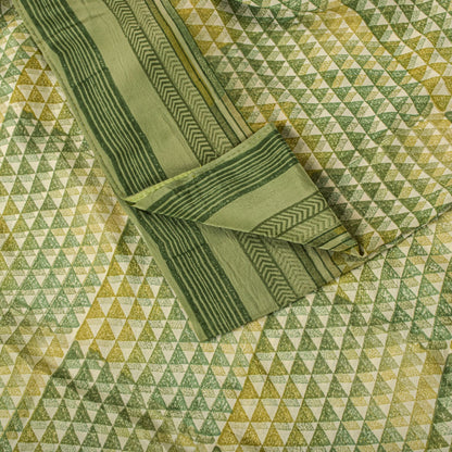 Sanskriti Vintage Saree Green Pure Crepe Geometric Printed Sari 5.5+Yard Fabric