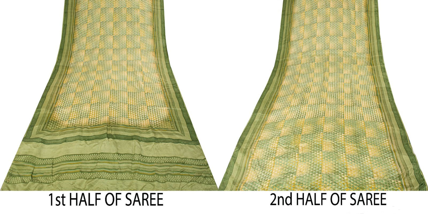Sanskriti Vintage Saree Green Pure Crepe Geometric Printed Sari 5.5+Yard Fabric