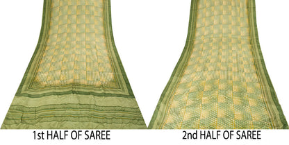 Sanskriti Vintage Saree Green Pure Crepe Geometric Printed Sari 5.5+Yard Fabric