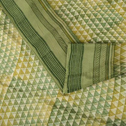Sanskriti Vintage Saree Green Pure Crepe Geometric Printed Sari 5.5+Yard Fabric