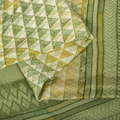 Sanskriti Vintage Saree Green Pure Crepe Geometric Printed Sari 5.5+Yard Fabric