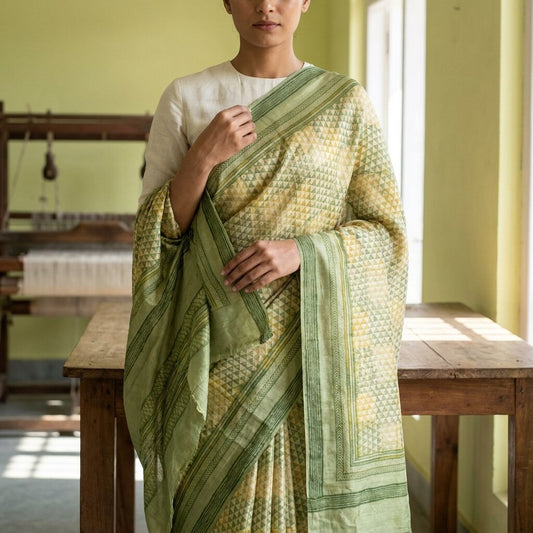 Sanskriti Vintage Saree Green Pure Crepe Geometric Printed Sari 5.5+Yard Fabric