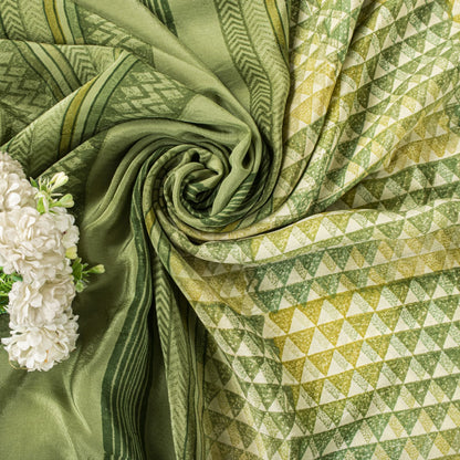 Sanskriti Vintage Saree Green Pure Crepe Geometric Printed Sari 5.5+Yard Fabric