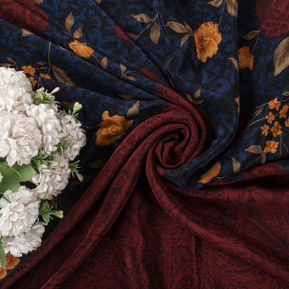 Sanskriti Vintage Saree Maroon-Blue Pure Crepe Floral Print Sari 5.5+Yard Fabric