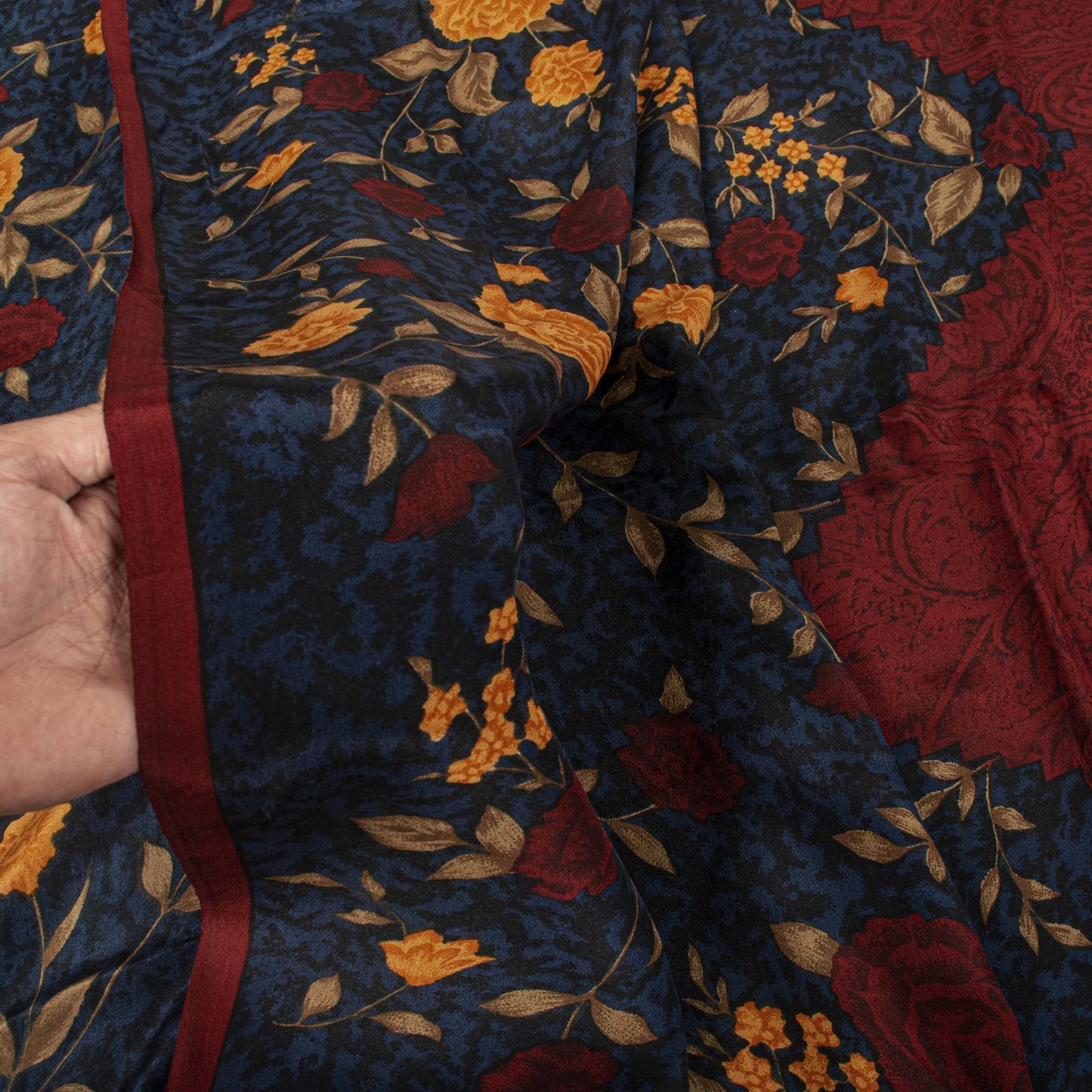 Sanskriti Vintage Saree Maroon-Blue Pure Crepe Floral Print Sari 5.5+Yard Fabric