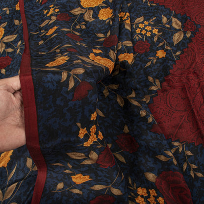 Sanskriti Vintage Saree Maroon-Blue Pure Crepe Floral Print Sari 5.5+Yard Fabric