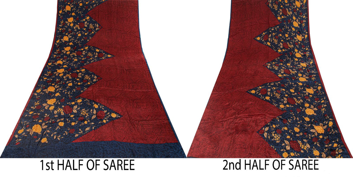 Sanskriti Vintage Saree Maroon-Blue Pure Crepe Floral Print Sari 5.5+Yard Fabric