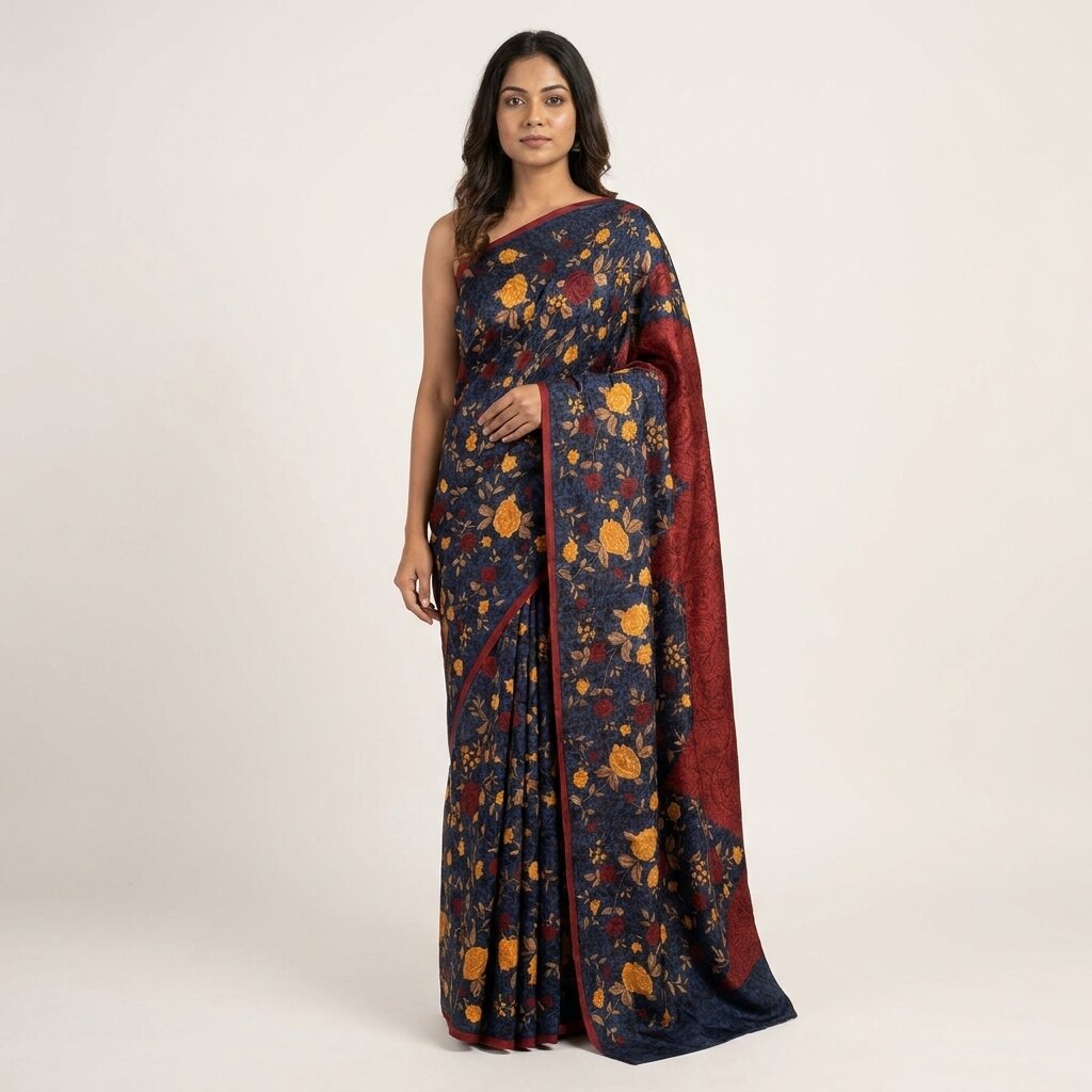 Sanskriti Vintage Saree Maroon-Blue Pure Crepe Floral Print Sari 5.5+Yard Fabric