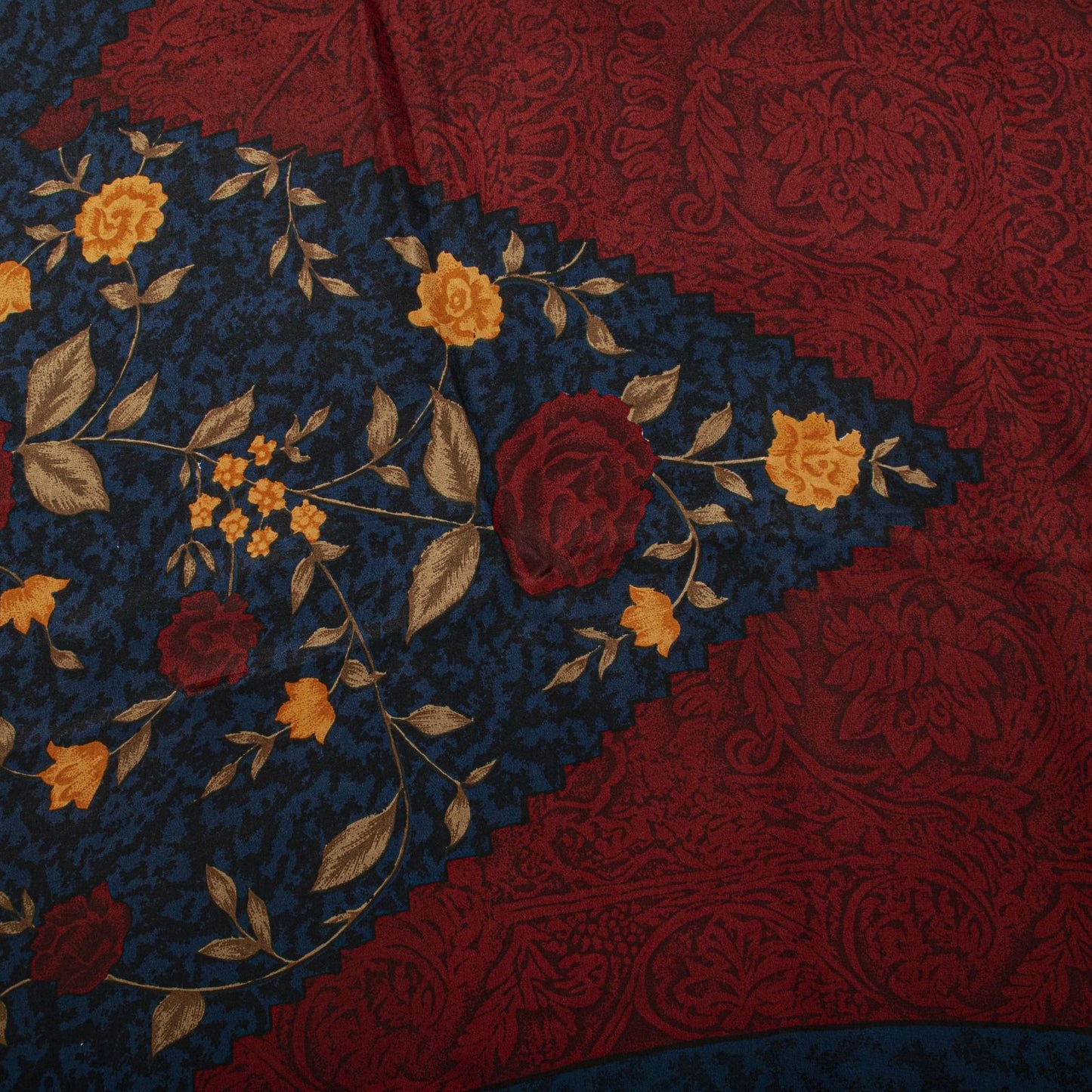 Sanskriti Vintage Saree Maroon-Blue Pure Crepe Floral Print Sari 5.5+Yard Fabric