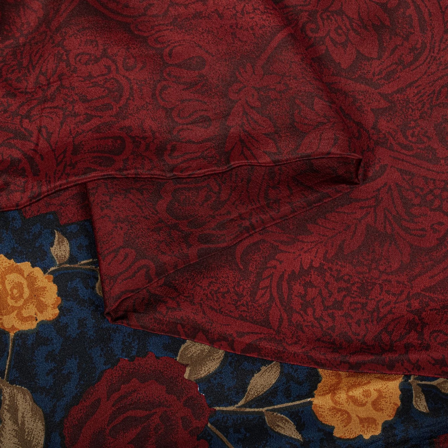 Sanskriti Vintage Saree Maroon-Blue Pure Crepe Floral Print Sari 5.5+Yard Fabric