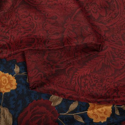 Sanskriti Vintage Saree Maroon-Blue Pure Crepe Floral Print Sari 5.5+Yard Fabric