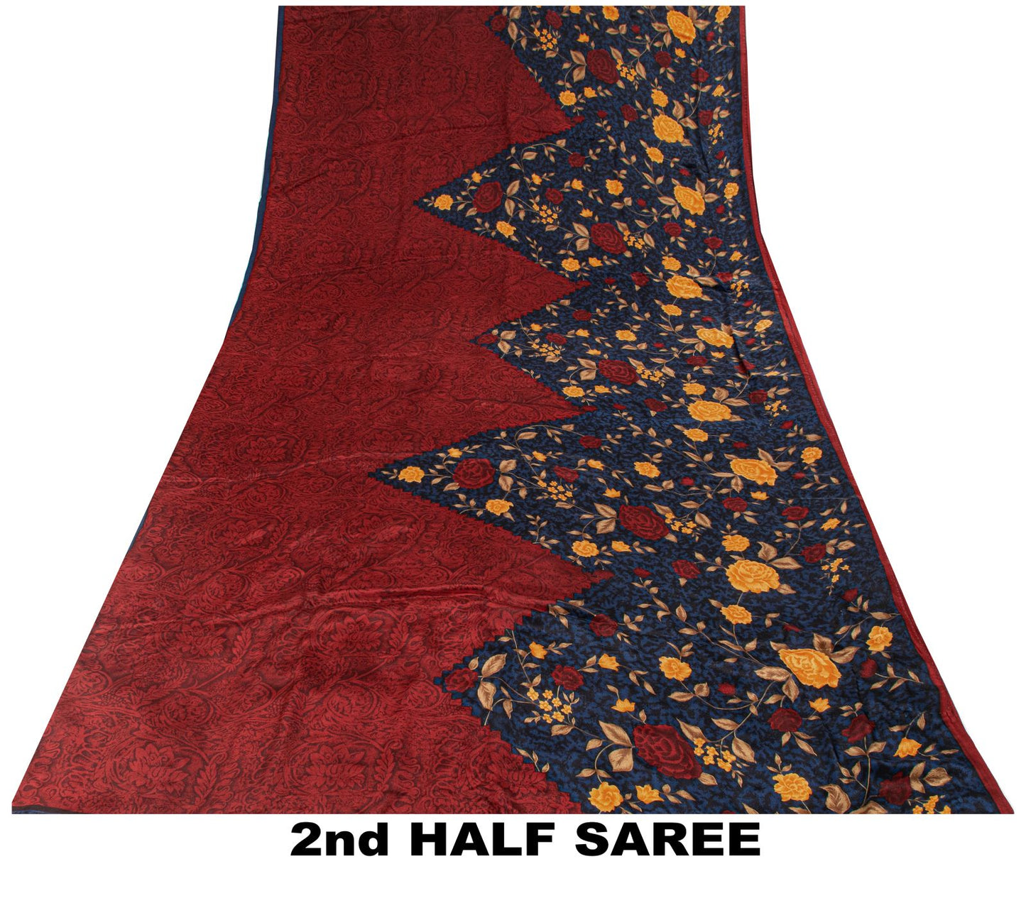 Sanskriti Vintage Saree Maroon-Blue Pure Crepe Floral Print Sari 5.5+Yard Fabric