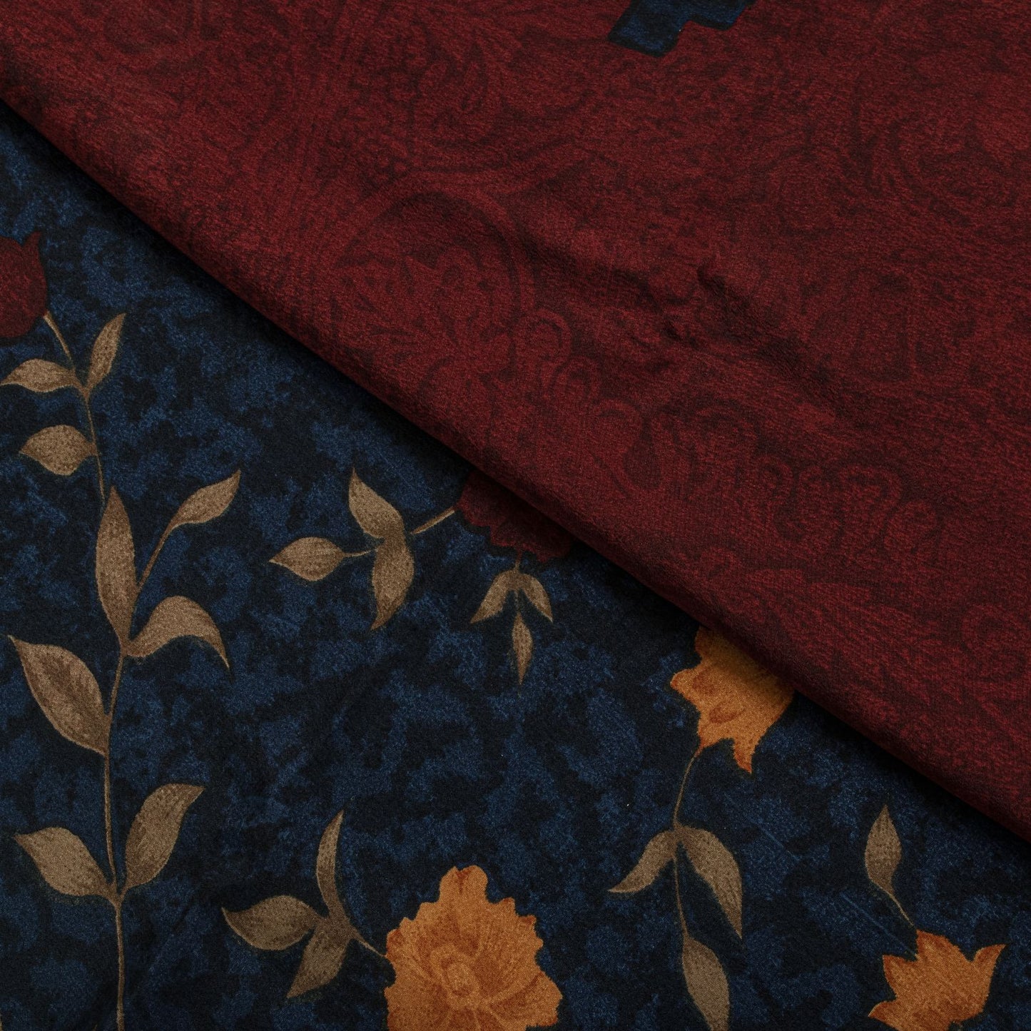 Sanskriti Vintage Saree Maroon-Blue Pure Crepe Floral Print Sari 5.5+Yard Fabric