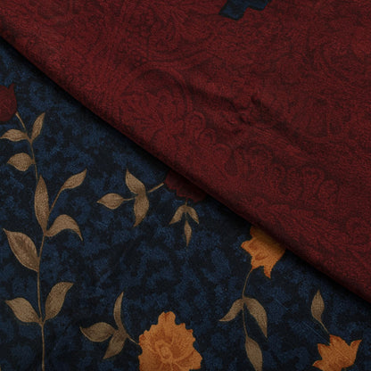 Sanskriti Vintage Saree Maroon-Blue Pure Crepe Floral Print Sari 5.5+Yard Fabric