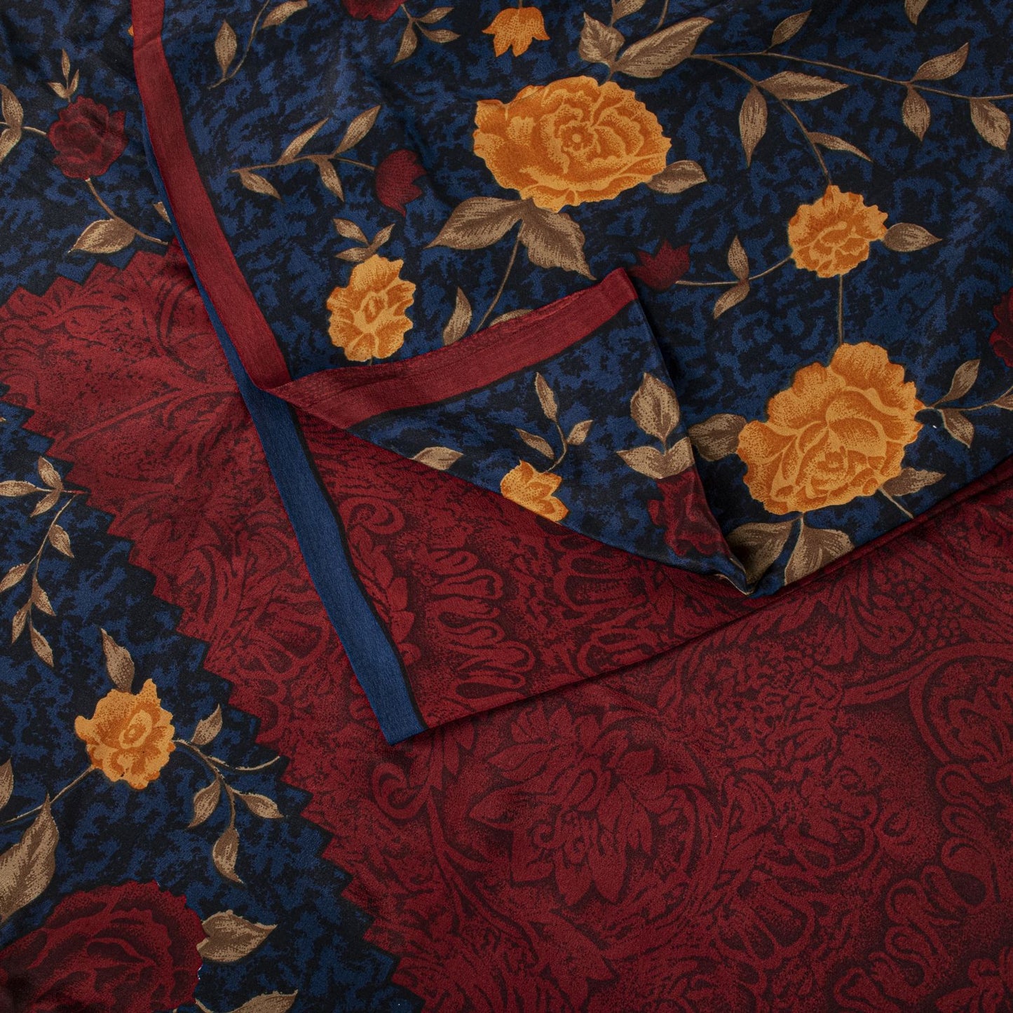Sanskriti Vintage Saree Maroon-Blue Pure Crepe Floral Print Sari 5.5+Yard Fabric