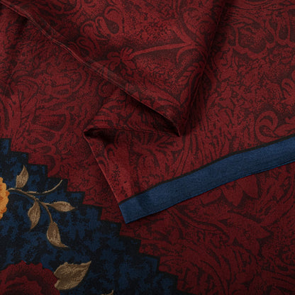 Sanskriti Vintage Saree Maroon-Blue Pure Crepe Floral Print Sari 5.5+Yard Fabric