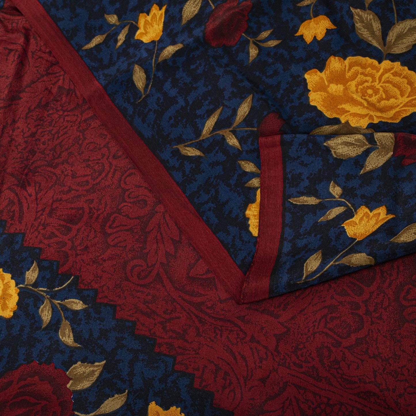Sanskriti Vintage Saree Maroon-Blue Pure Crepe Floral Print Sari 5.5+Yard Fabric