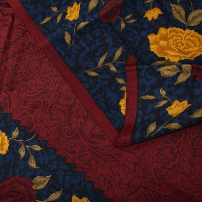 Sanskriti Vintage Saree Maroon-Blue Pure Crepe Floral Print Sari 5.5+Yard Fabric