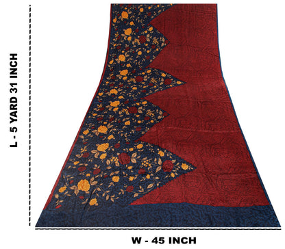 Sanskriti Vintage Saree Maroon-Blue Pure Crepe Floral Print Sari 5.5+Yard Fabric