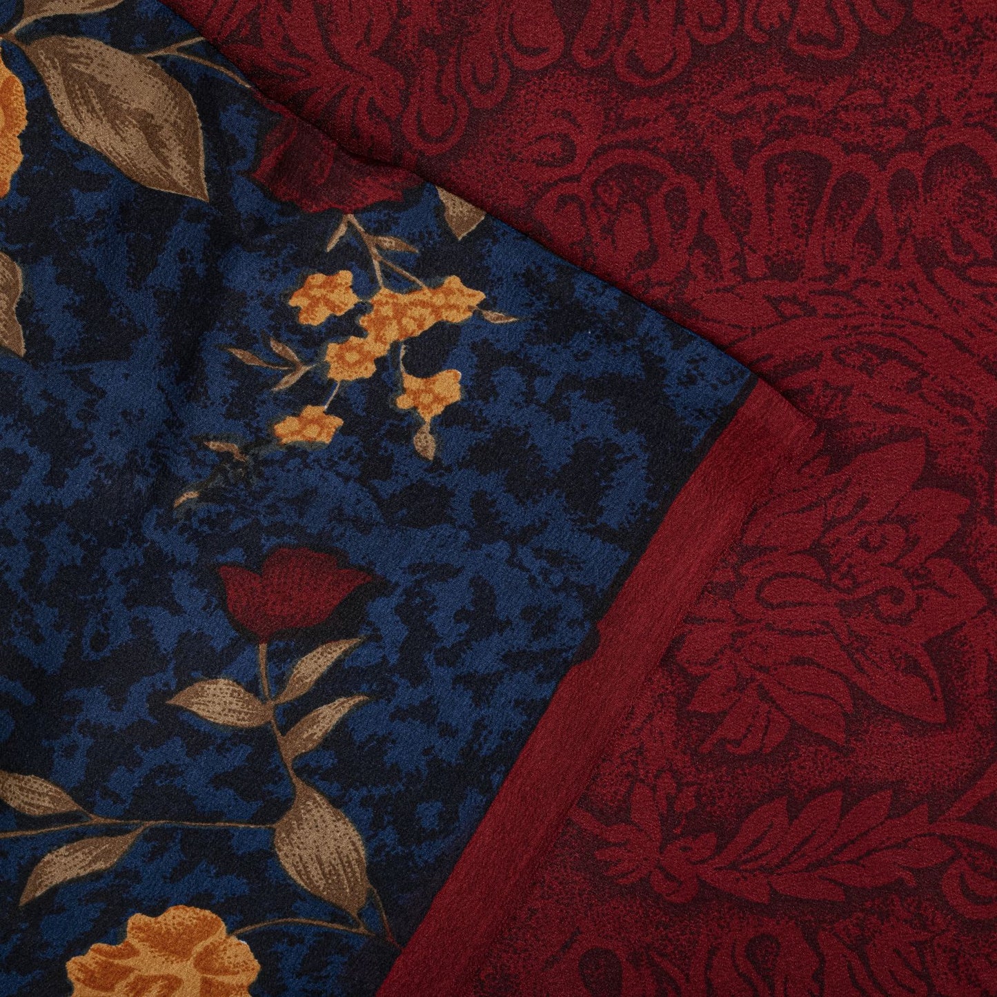Sanskriti Vintage Saree Maroon-Blue Pure Crepe Floral Print Sari 5.5+Yard Fabric