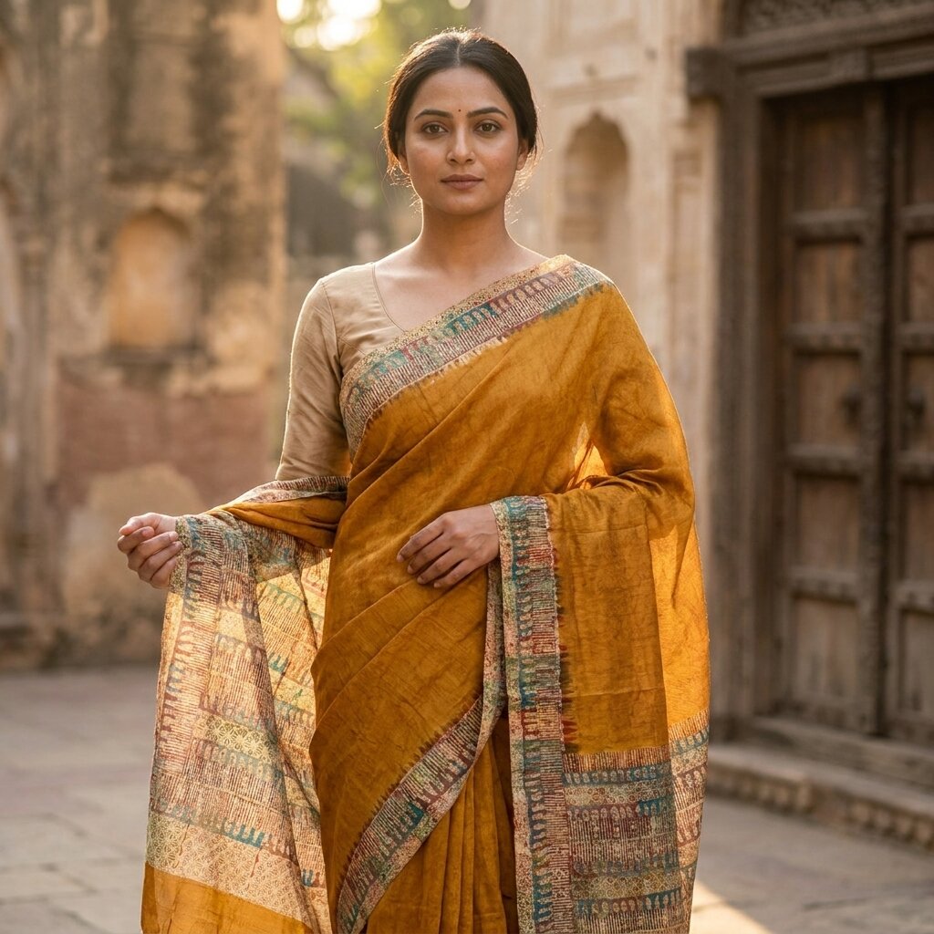 Sanskriti Vintage Saree Orange Pure Crepe Abstract Printed Sari 5.5+Yard Fabric