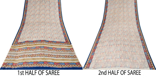 Sanskriti Vintage Saree Multicolor Pure Crepe Geometric Print Sari 5.5+Yd Fabric