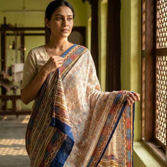 Sanskriti Vintage Saree Multicolor Pure Crepe Geometric Print Sari 5.5+Yd Fabric