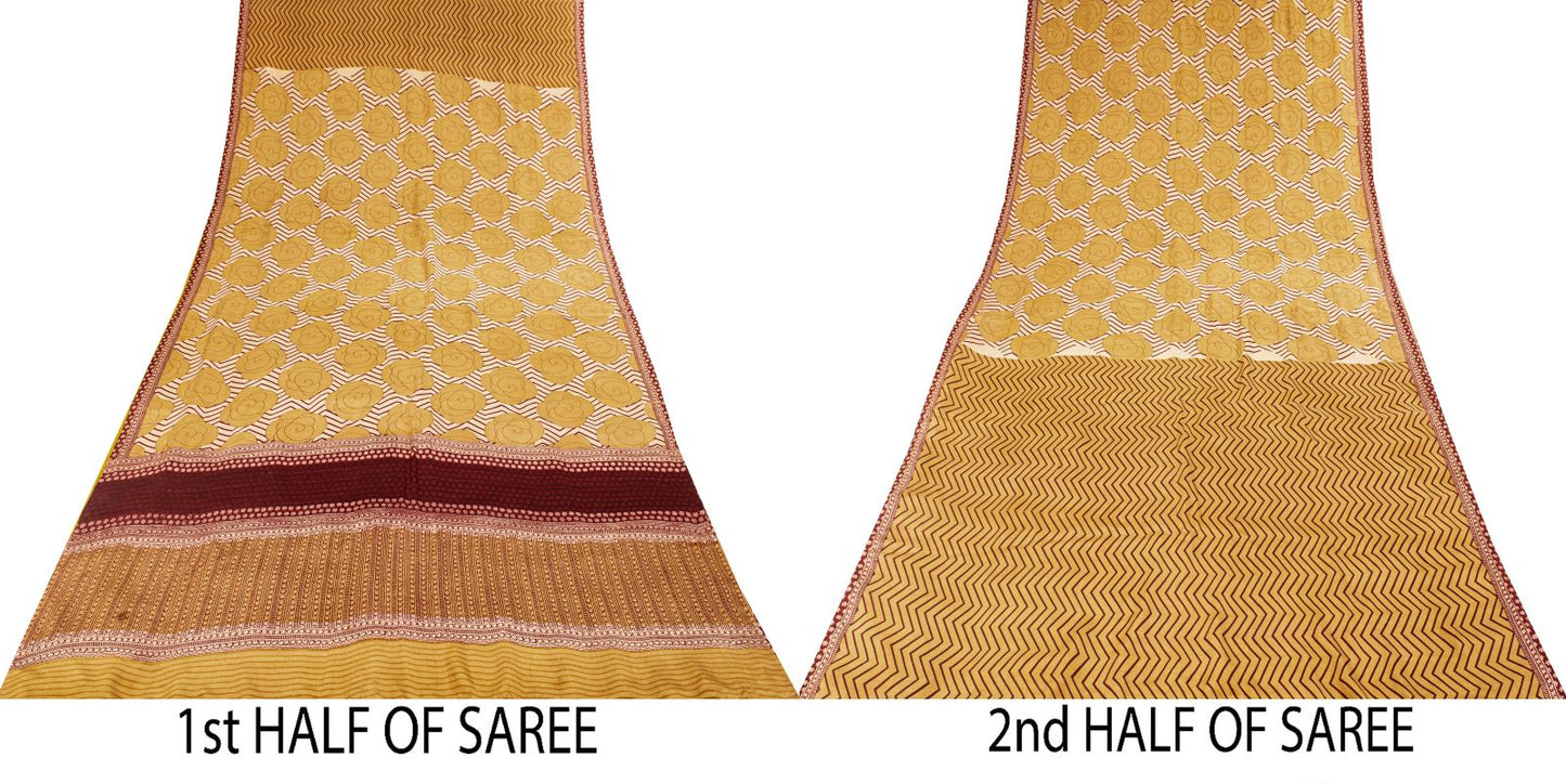 Sanskriti Vintage Saree Beige Pure Crepe Floral Print Sari 5.5+Yard Craft Fabric
