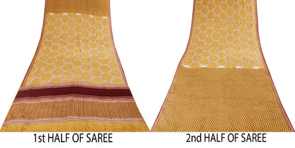 Sanskriti Vintage Saree Beige Pure Crepe Floral Print Sari 5.5+Yard Craft Fabric