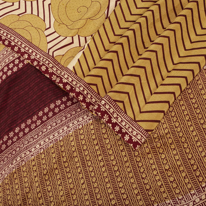 Sanskriti Vintage Saree Beige Pure Crepe Floral Print Sari 5.5+Yard Craft Fabric